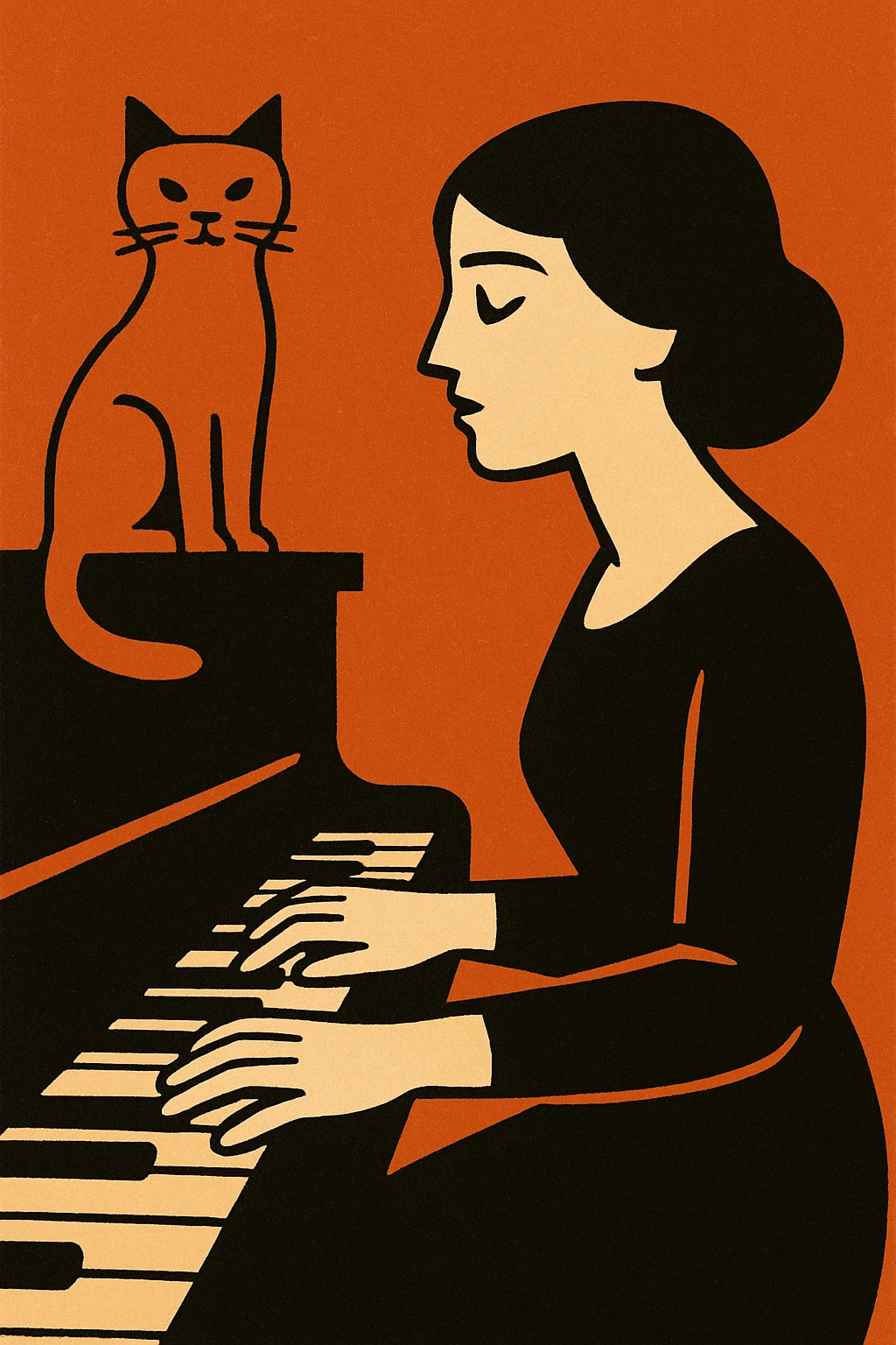 woman playing piano while her cat sits on top of the piano emoji