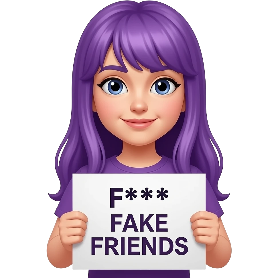 girl with long purple hair holding a F*** FAKE FRIENDS sign emoji