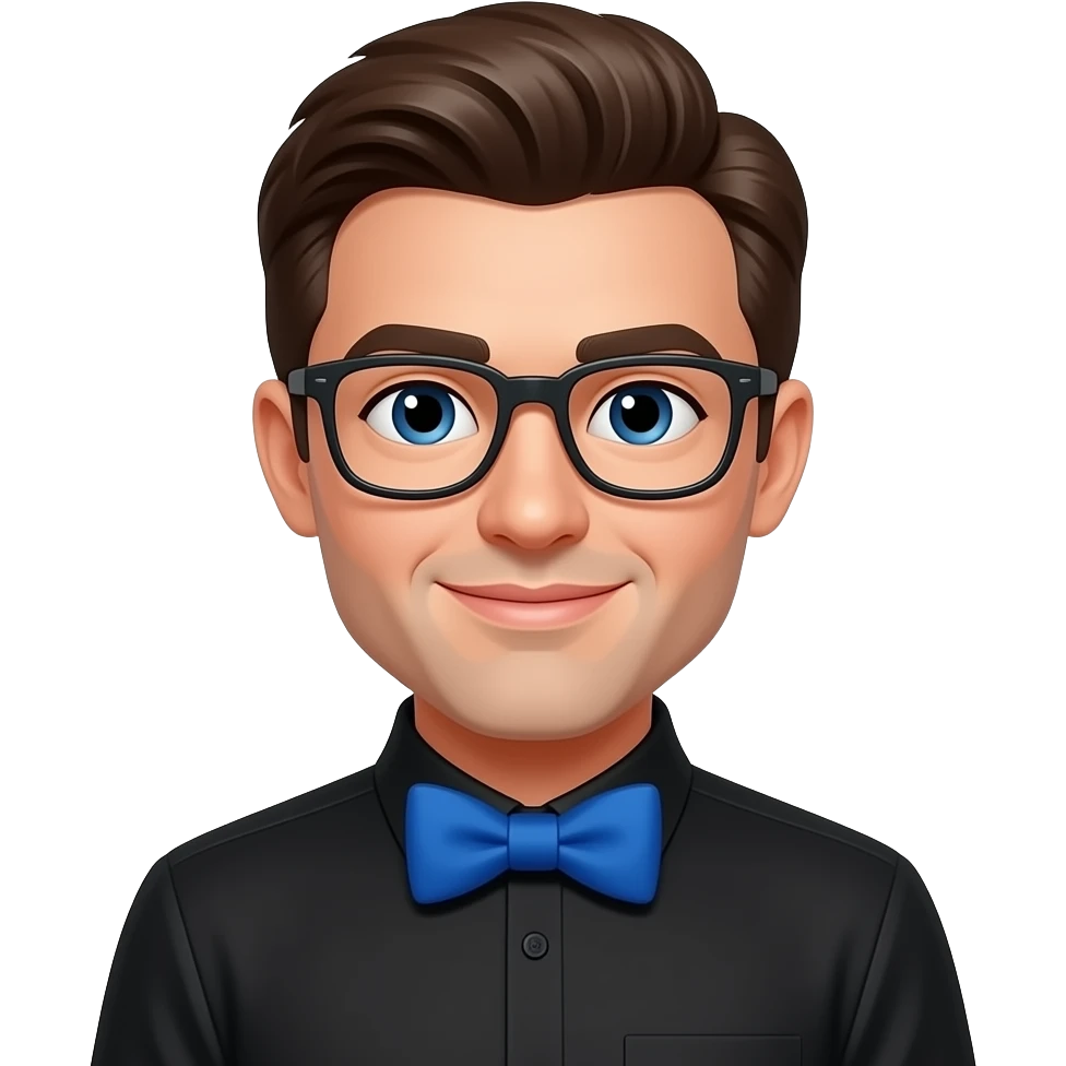 man wear a black  shirt and vibrant blue bow tie emoji