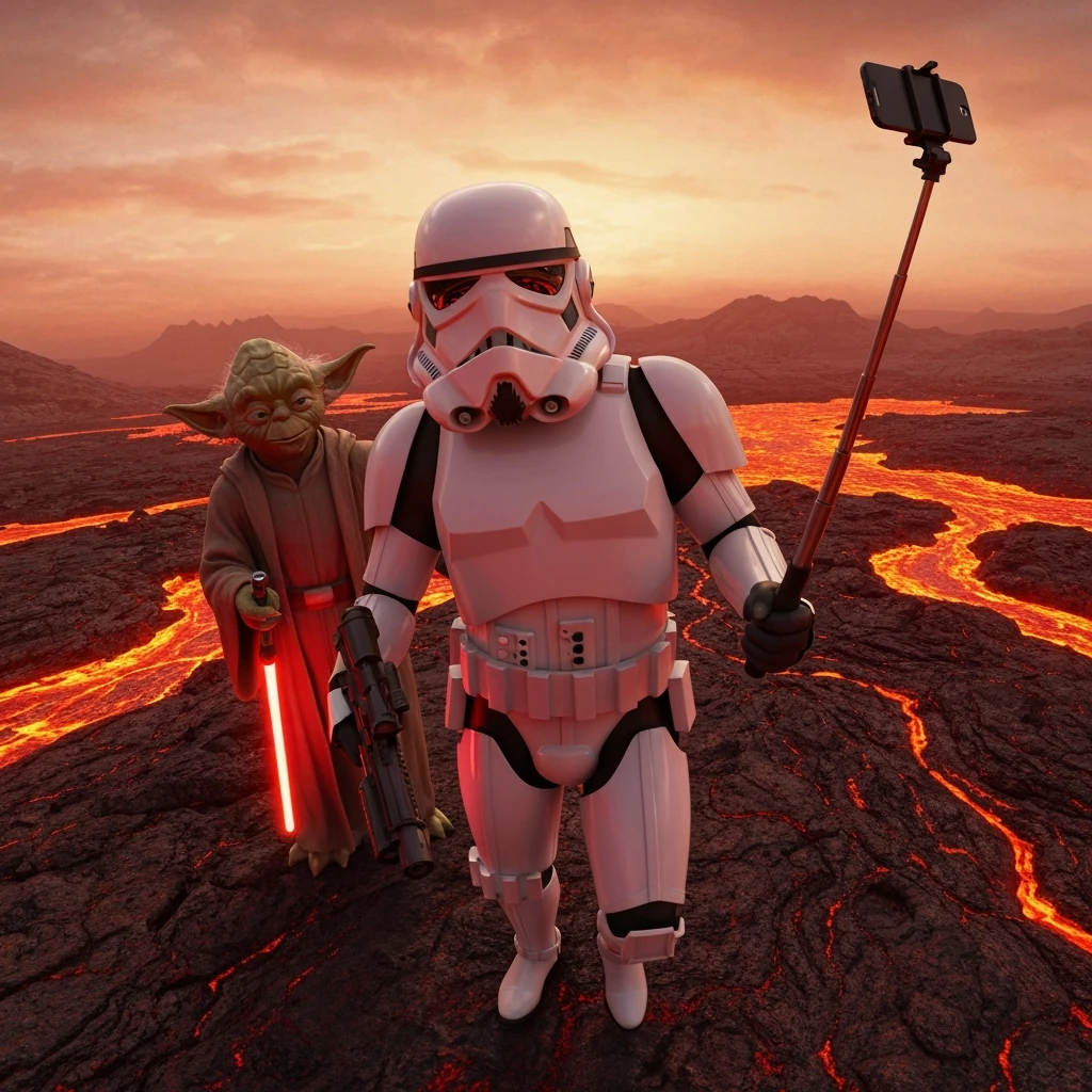 Camera POV, Starwars stormtroopers vlogging selfie, he is walking on lava planet with yoda emoji