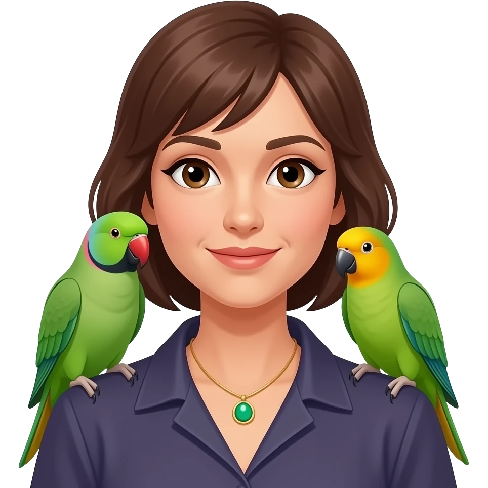 green indian ring neck parrot on a brown haired womans shoulder with a sun conure parrot with all green wings on her other shoulder the woman is wearing a necklace emoji