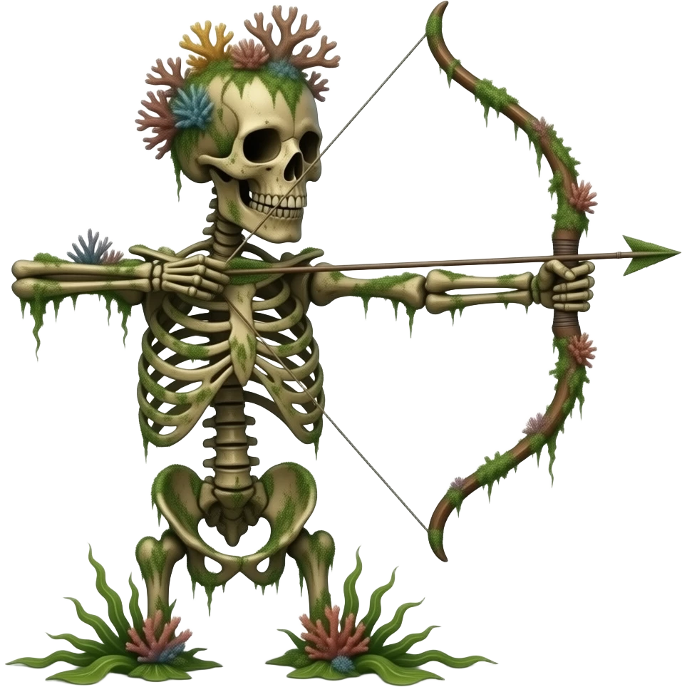 An algae covered brown skeleton covered with corals and seaweed holding an algae covered bow and arrow emoji