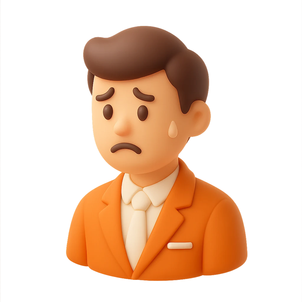 3D orange style male employee looking stressed, worried expression, wearing office attire emoji