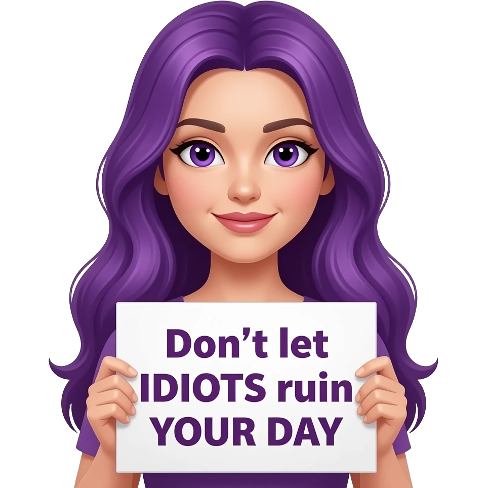 sexy girl with long purple hair and purple eyes holding Don't let IDIOTS ruin YOUR DAY sign emoji