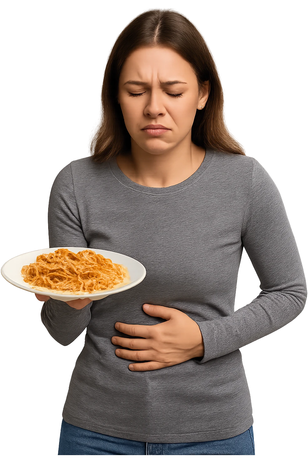 DONNA CON PIATTO DI PASTA IN MANO E MAL DI PANCIA, FA FATICA A DIGERIRE emoji