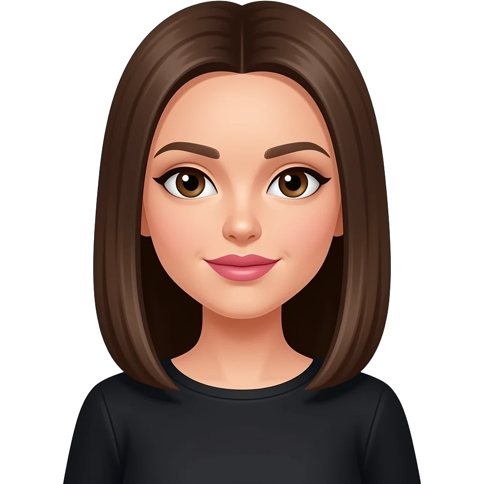 Hnědé rovné vlasy hnědé hoden tmavě hnědé oči růžová pusa černé oblečení teď to dej ještě tak aby bylo poznat že to je amoji z klávesnice a ne vytvoreno ai prosím 🙍‍♀️ nevíš co myslím emoji