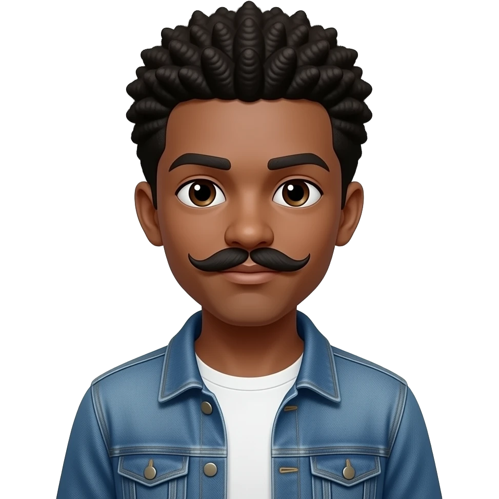 afro boy with wear a white inner shirt and jeans jacket and long mostache emoji
