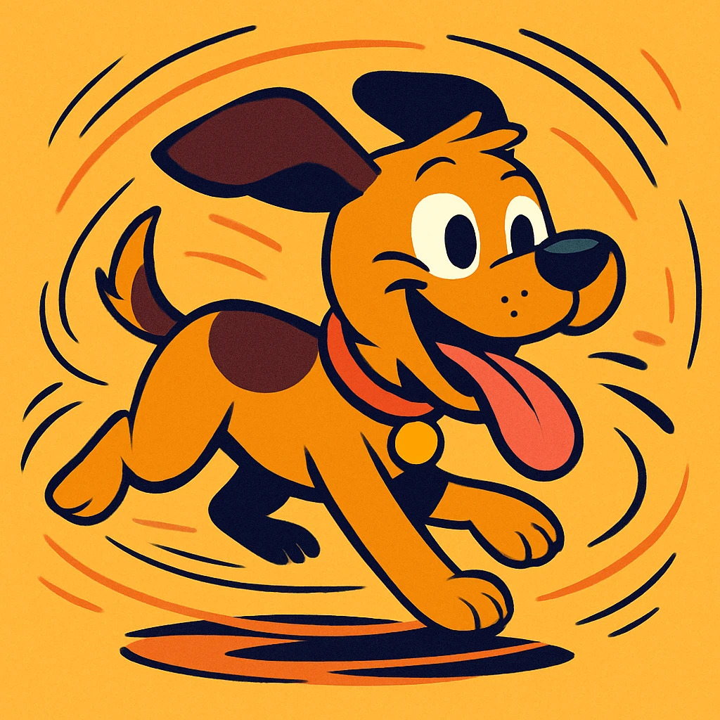 cartoon puppy dashing in circles with wild energy, tongue out, exaggerated motion lines, vibrant colors emoji