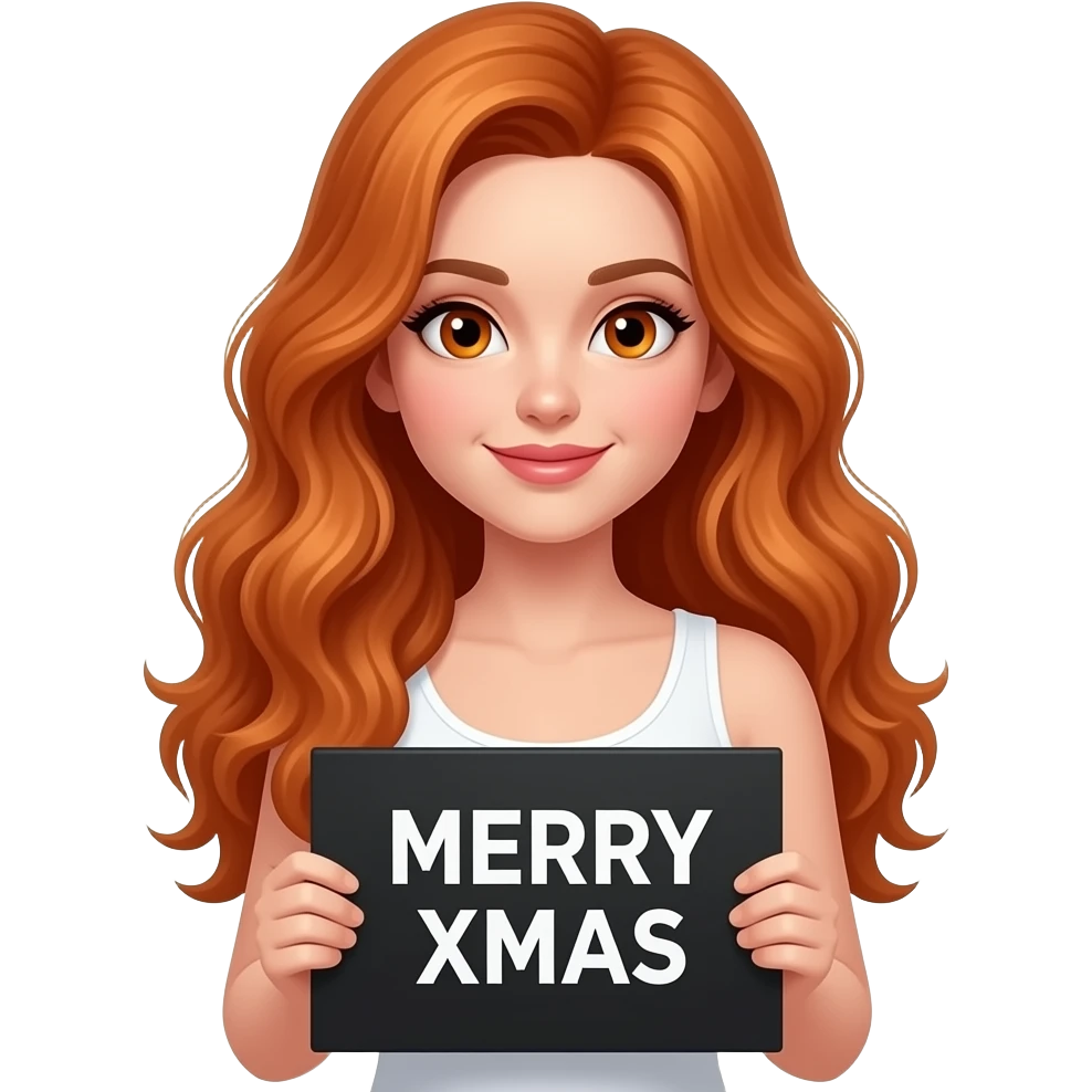 sexy girl with long wavy ginger hair and ginger eyes wearing a white tanktop is holding a black colored sign with MERRY XMAS written on it emoji