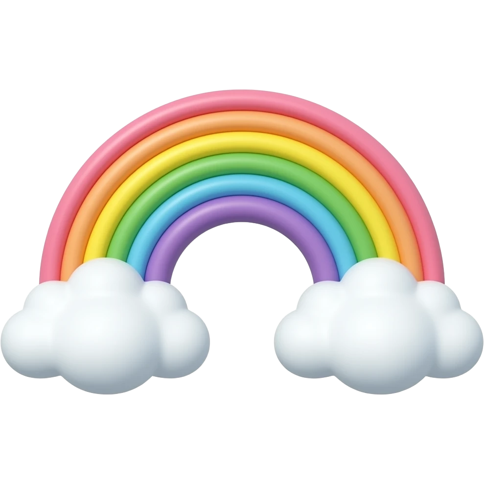 A cartoon playful rainbow with puffy clouds on each end, pastel colors, transparent background emoji