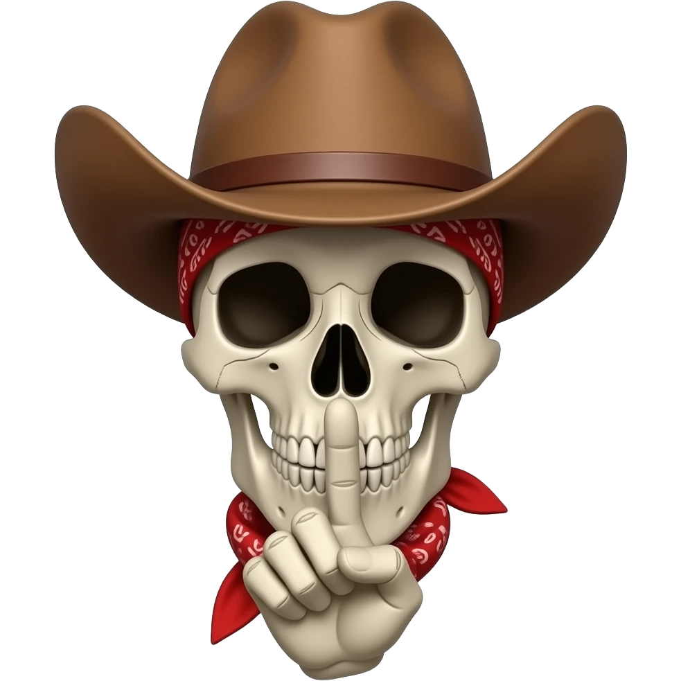 Cowboy Skull with his index finger to his lips, shhhh, palm turned inward toward the face, back of hand facing camera emoji