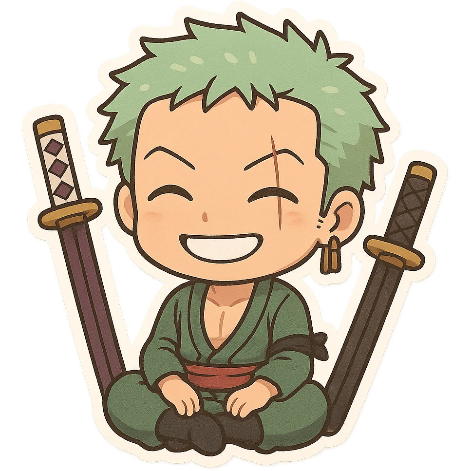 Zoro from One Piece in chibi cartoon style, sitting cross-legged, swords beside him, smiling emoji