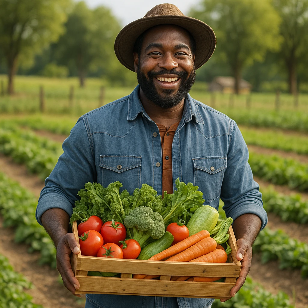 Black man farmer, carrying a basket of vegetables, cheerful, farm setting, casual clothes emoji