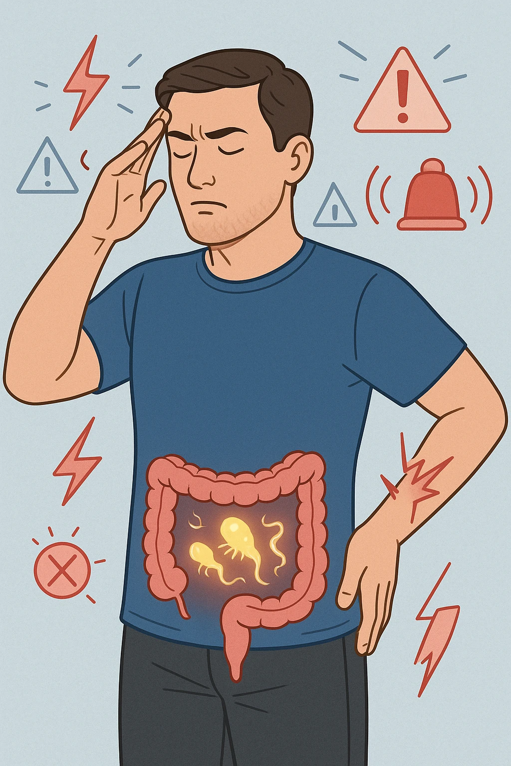 uomo che ignora i suoi un mal di testa, mal di schiena e dolore articolare e ignora ogni segnale e messaggio che il corpo manda per avvertirlo, ma alla fine dipendono tutto dai parassiti intestinali  emoji