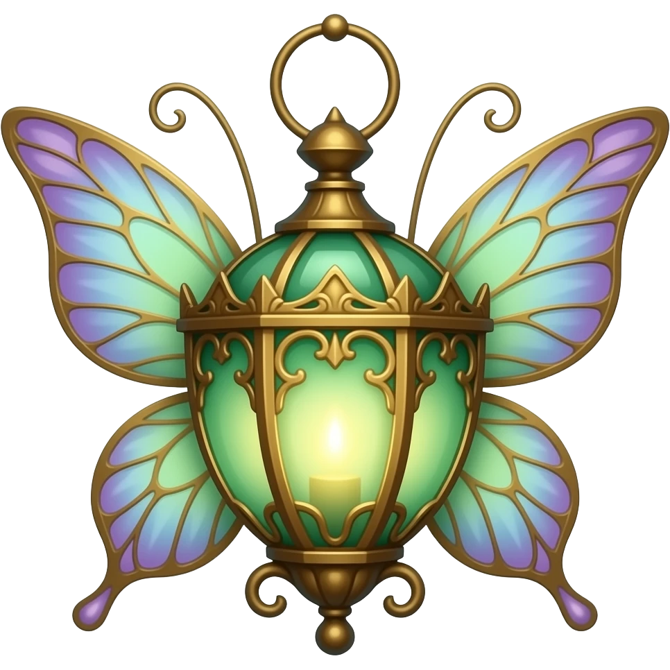 An ornate fairy lantern in emerald green and antique gold, with floral metalwork, warm glowing light, delicate curved detailing, and subtle violet accents, rendered in a sophisticated botanical fantasy style. emoji