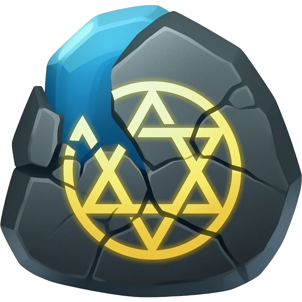 A black with with a large gem that's blue with a crack in it that glows yellow that has a pentacle carved into the gem emoji