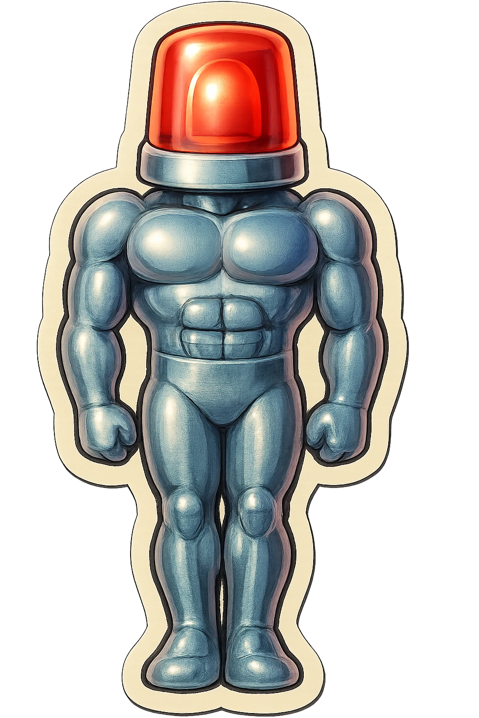 silver muscular robot with a red police light head, standing at attention with feet together, retro stickers style emoji