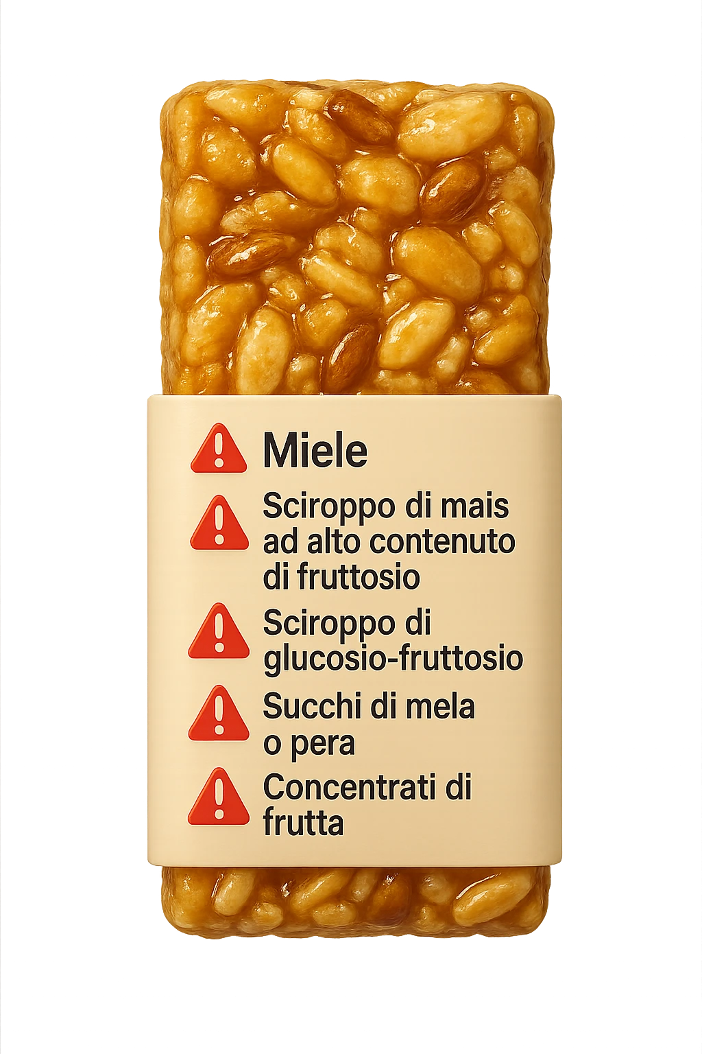 SU QUESTO STILE FAI UN EMOJI STILE IPHONE 3D DI UNa barretta ai cereali con ETICHETTA CON GLI INGREDIENTI SCRITTI, "miele, sciroppo di mais ad alto contenuto di fruttosio, sciroppo di glucosio-fruttosio, succhi di mela o pera,
concentrati di frutta" accanto ad ogni nome scritto mettici un segnale di allarme, FALLO MOLTO REALISTICO IN 3D emoji