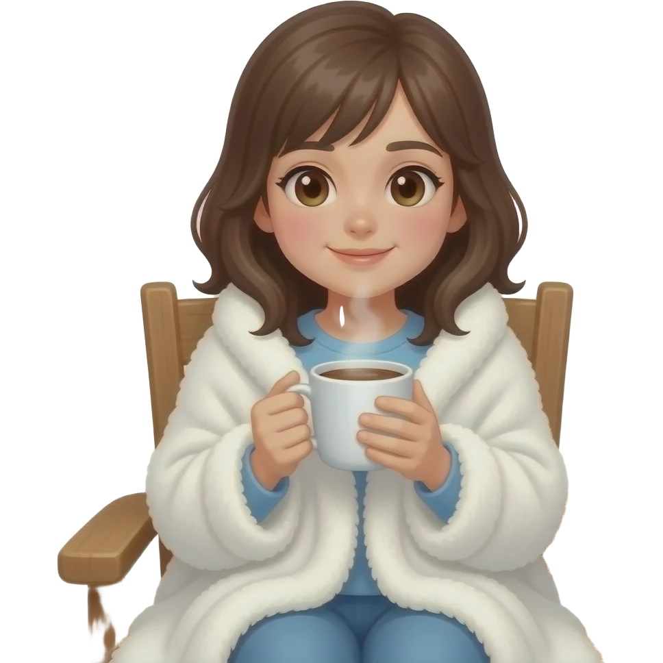 a girl in a blanket on a chair drinking a cup of coco emoji