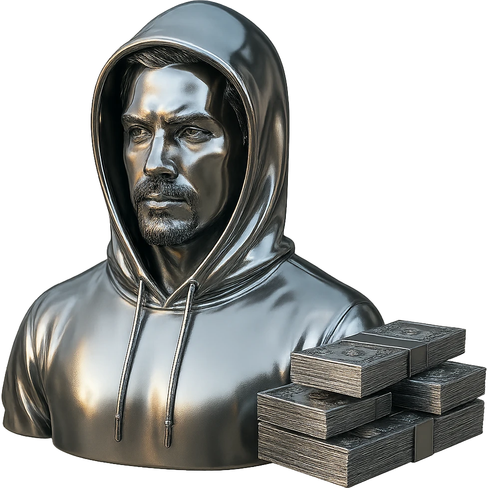Edit the Indian man to wear a hoodie with a chrome hood, keep his goatee, add money on the side, and make the AMG car chrome. Keep the background transparent. emoji