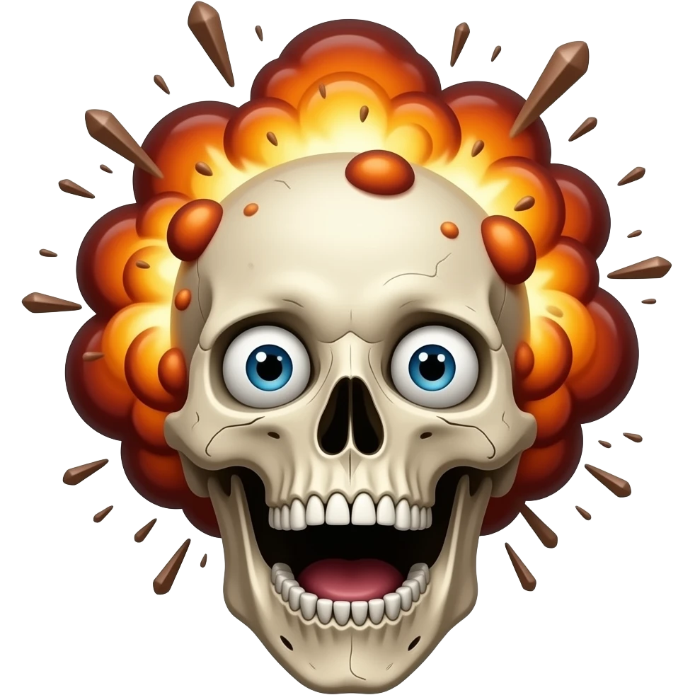 A very shocked skull used for edits like something crazy happen make his eyes looks shocking  make the explosion abit more realistic and make his mouth wide open and there's like an explosion on his head because of how shocking it is emoji