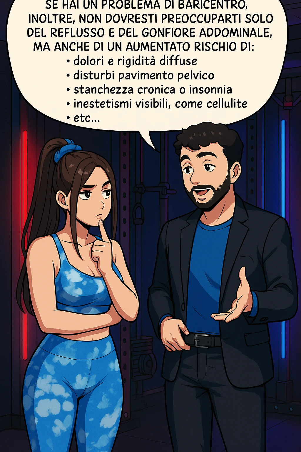 TRASFORMA QUESTO CAROSELLO IN UN FUMETTO STILE WEBTOON/MANGA A COLORI CON QUESTE DUE PERSONE IDENTICHE CHE INTERLOQUISCONO TRA LORO, L'uomo sta spiegando alla donna questo concetto MENTRE LA DONNA SI TIENE L'INDICE SUL MENTO ASCOLTANDOLO PENSIEROSA:

Se hai un problema di baricentro, inoltre, non dovresti preoccuparti solo del reflusso e del gonfiore addominale, ma anche di un aumentato rischio di:
    • dolori e rigidità diffuse
    • disturbi pavimento pelvico
    • stanchezza cronica o insonnia
    • inestetismi visibili, come celluluite
    • etc… emoji