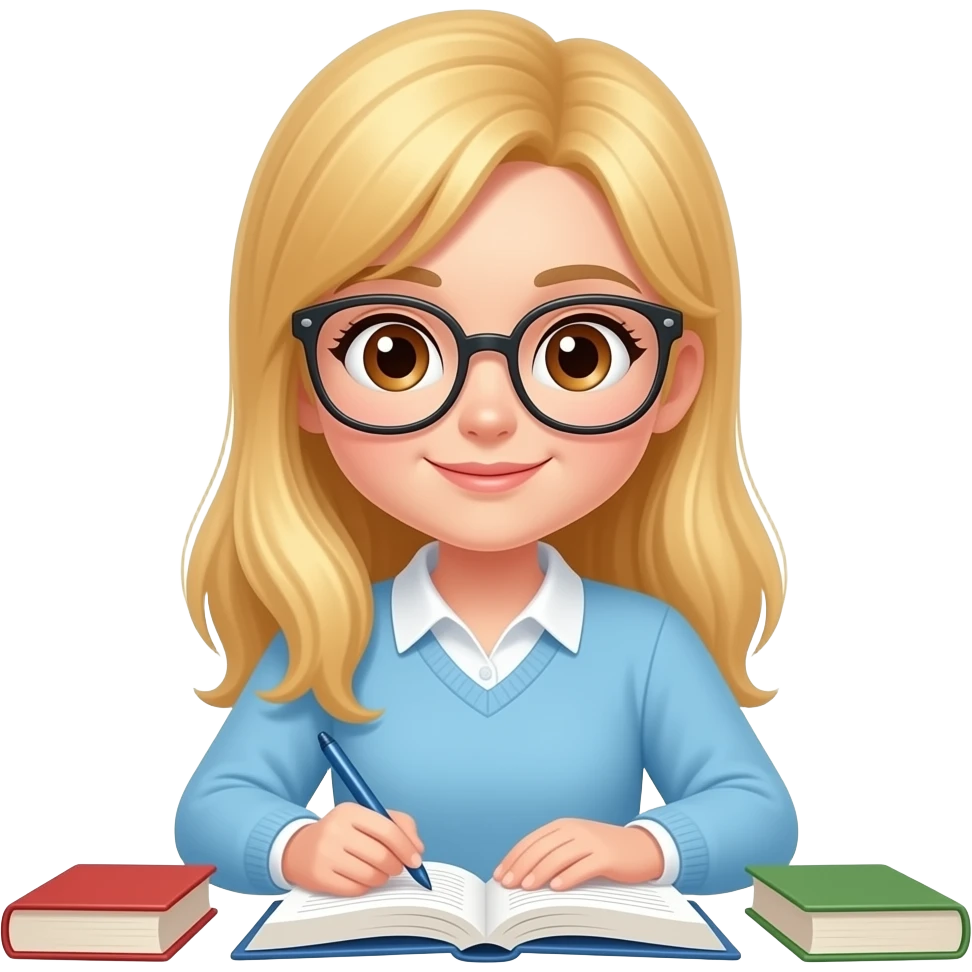 chica rubia con gafas de ojos marron estudiando en la biblioteca emoji