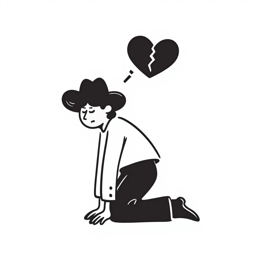 heartbroken cowboy, hand-drawn doodle style, slumped posture, broken heart, expressive sadness emoji