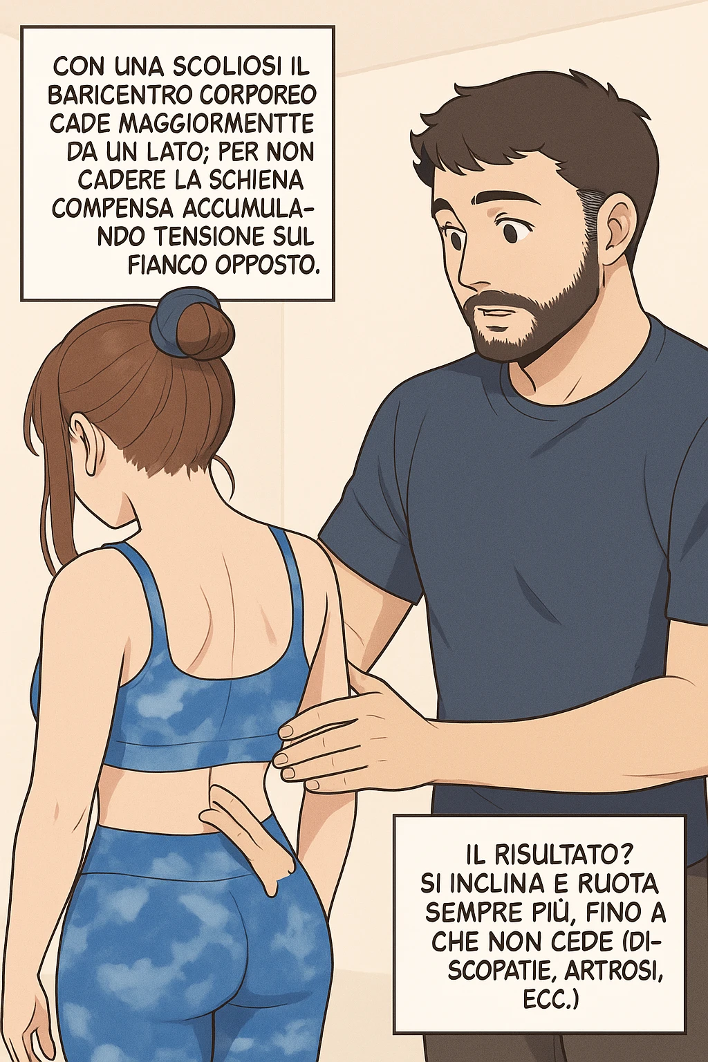 fai questa immagine in versione manga/webtoon a colori, il manga mostra la donna di spalle, mentre l'uomo le tocca la spina dorsale per spiegarle come funziona la scoliosi:
Con una scoliosi il baricentro corporeo cade maggiormente da un lato; per non cadere la schiena compensa accumulando tensione sul fianco opposto.
Il risultato? Si inclina e ruota sempre più, fino a che non cede (discopatie, artrosi, ecc) emoji