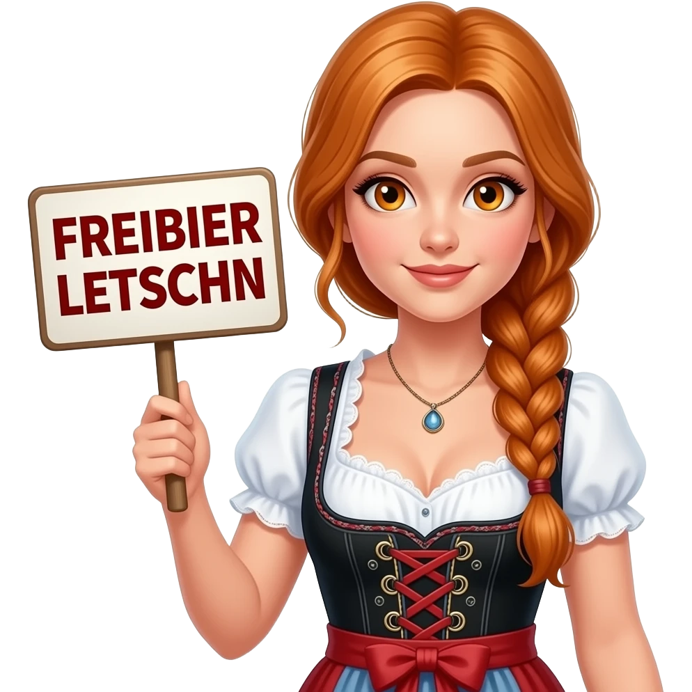 sexy girl with overlong ginger hair in braids and ginger eyes wearing a dirndl holding a FREIBIER LETSCHN sign emoji