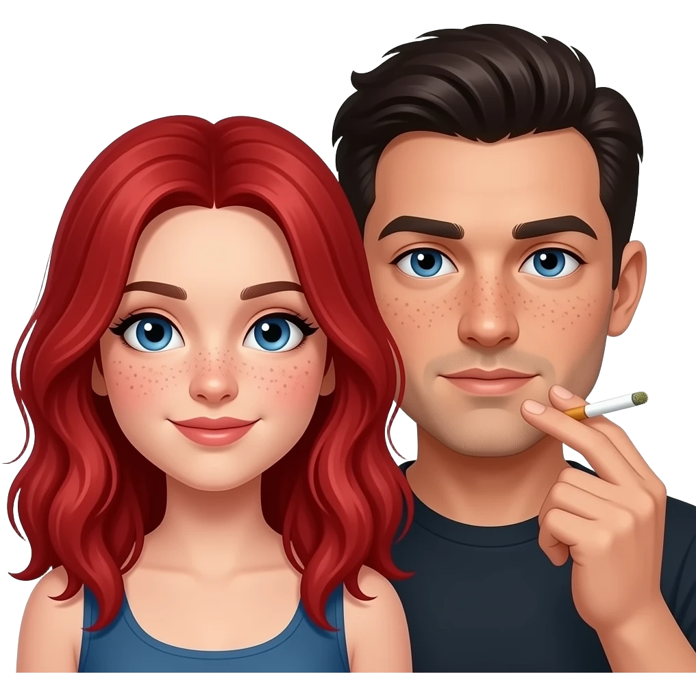 Девочка с рыжими волосами , голубыми глазами, веснушками на носу любит мужчину с темными волосами, голубыми глазами, веснушками на носу. Еще этот мужчина курит марихуану emoji