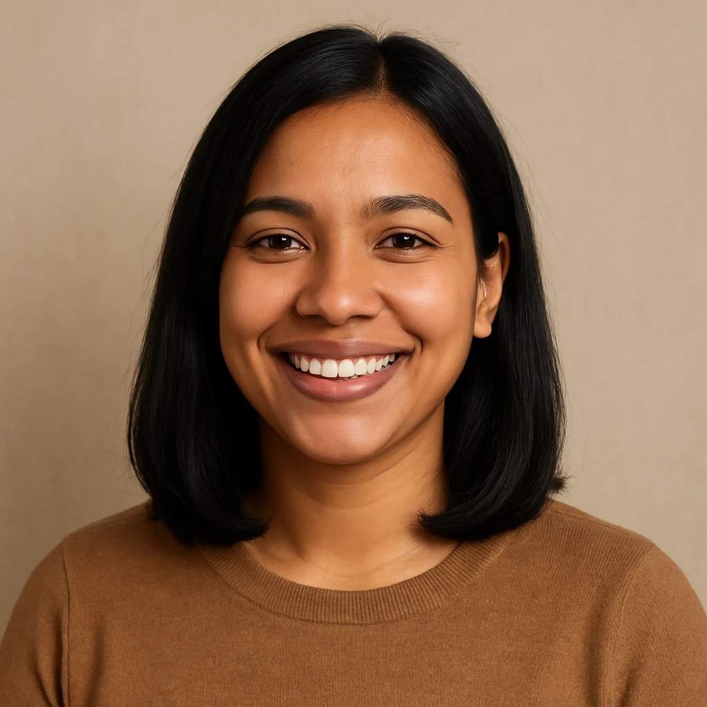 portrait of a light brown skinned female with shoulder length black hair, smiling, simple background emoji