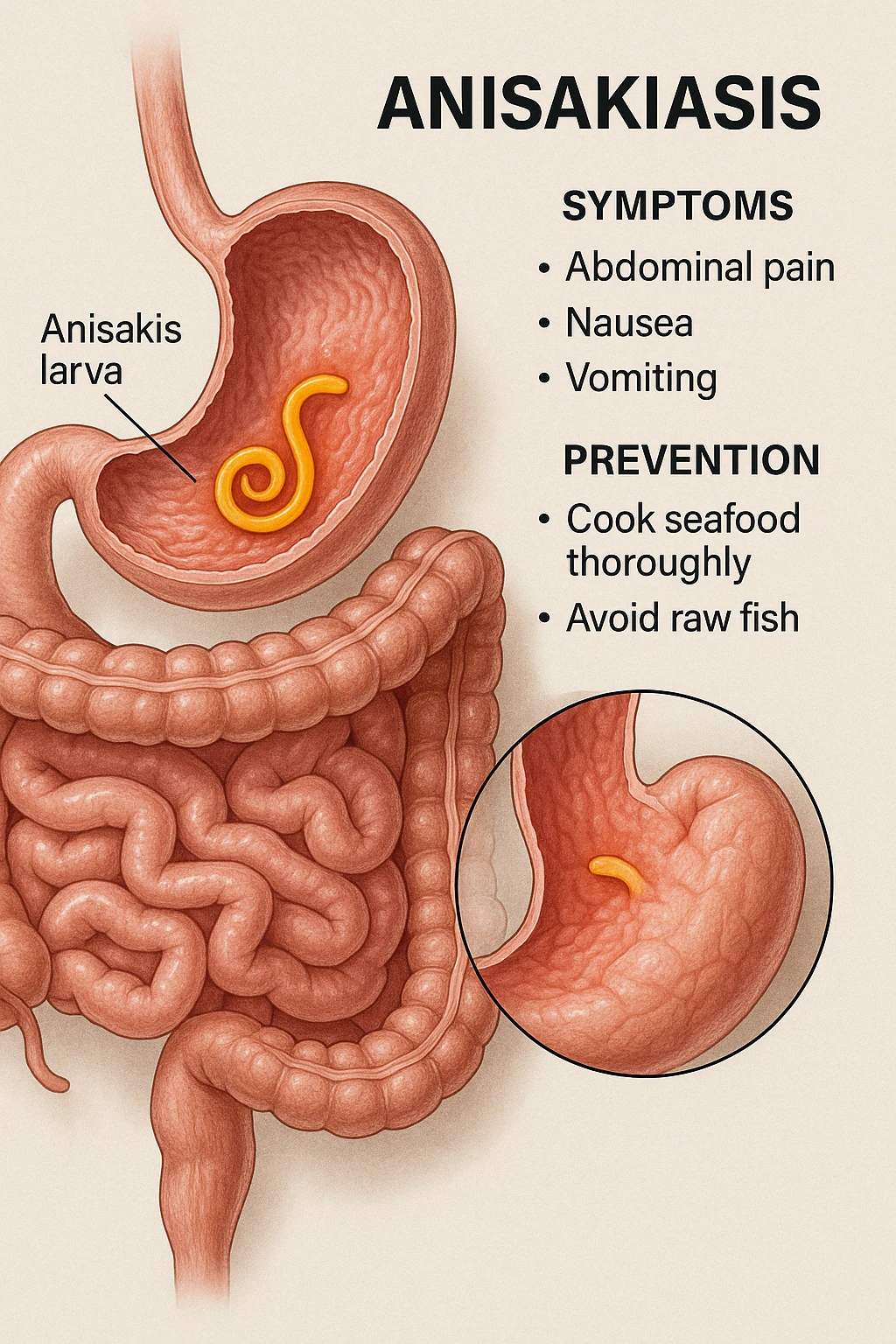 a cutaway view of the human digestive tract, showing an Anisakis larva attached to the stomach or intestinal wall. The parasite is highlighted in color, with surrounding tissue rendered in realistic detail. Educational labels describe symptoms and prevention. emoji