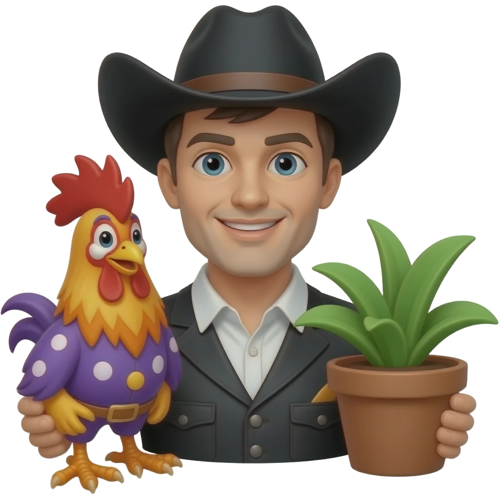 orange, purple Rooster clown plant, black vest cowboy emoji