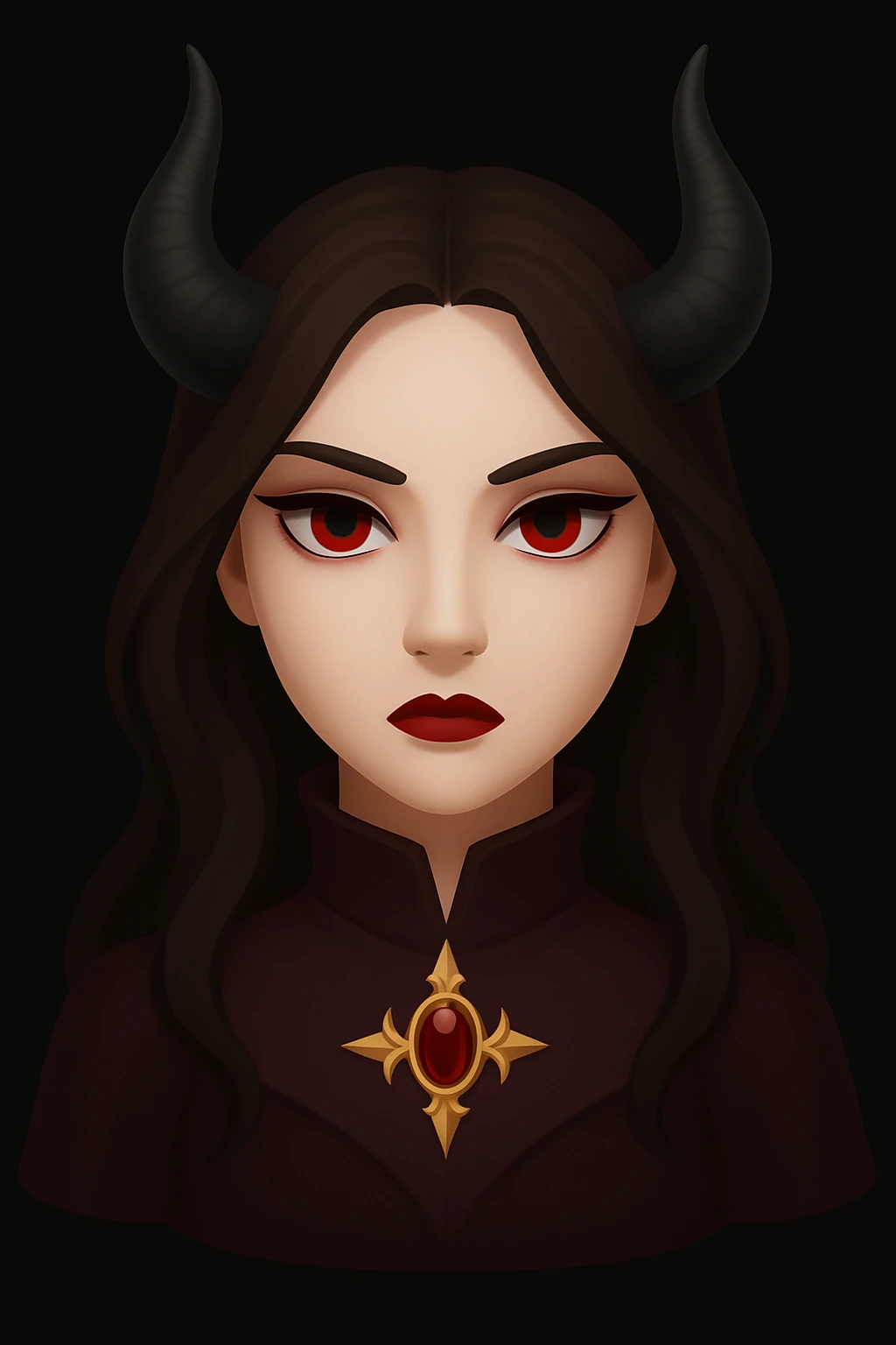 Transform the woman in the image into a demon queen emoji. Give her brown hair, add demon horns, remove the halo and wings, and create a dark, regal vibe with a powerful and majestic presence. Maintain an emoji style with clear, concise features suitable for emoji representation. emoji