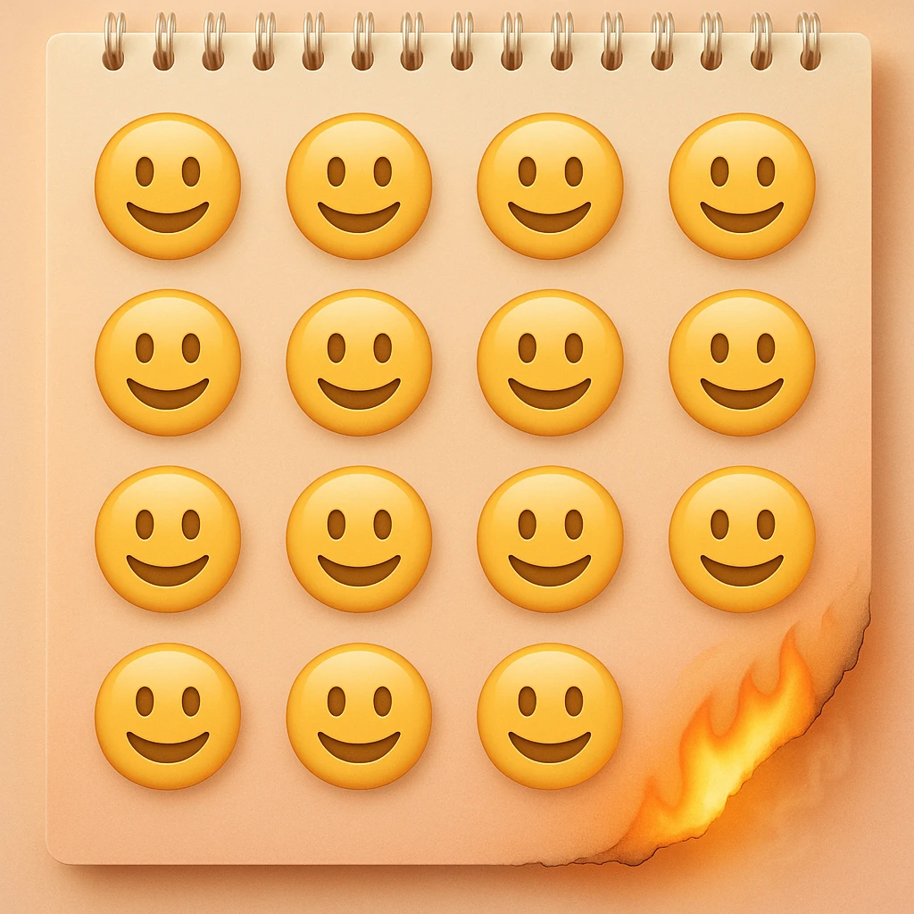 A detailed page from a wall calendar that starts burning from the bottom right corner. Use soft and pastel tones. Make the emoji image resemble the basic set of smileys like on the iPhone. emoji