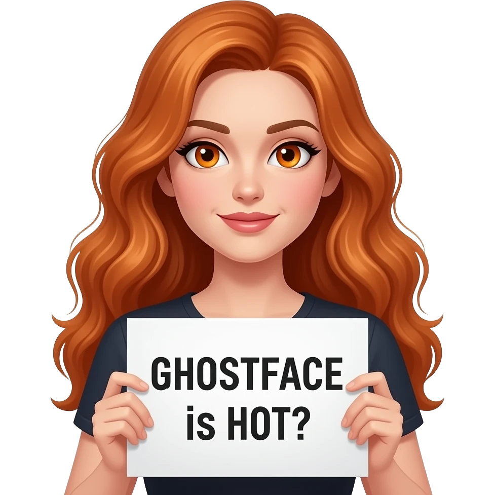 sexy girl with long wavy ginger hair and ginger eyes wearing a top is holding a GHOSTFACE is HOT sign emoji