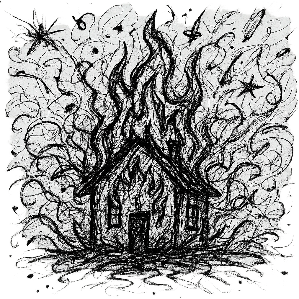 a house on fire, black color, chaotic doodle style emoji