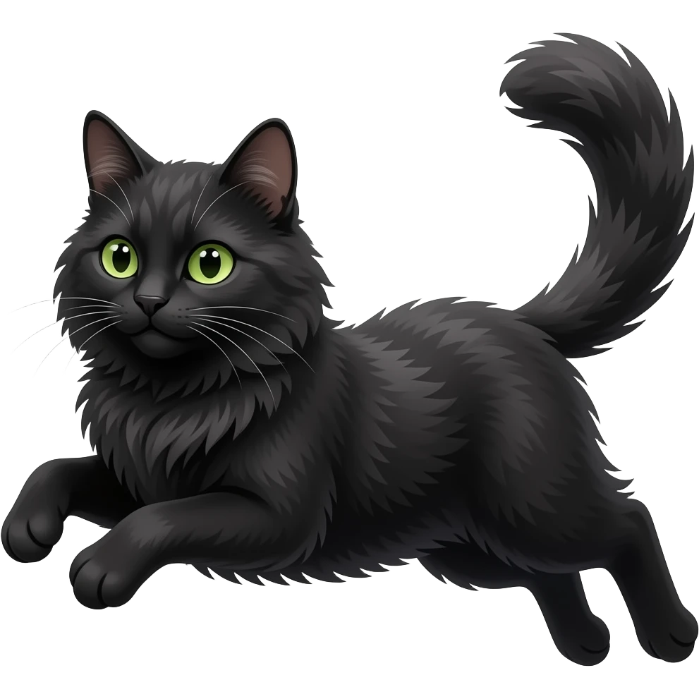 ((black cat longhaired)) ((black paws nose)) ((green eyes)) jumping emoji