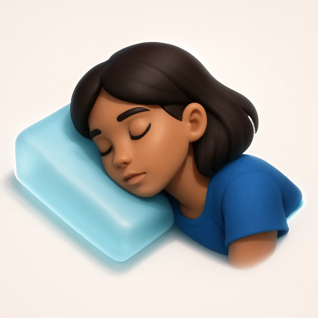 A girl with dark hair sleeping on a baby blue pillow emoji