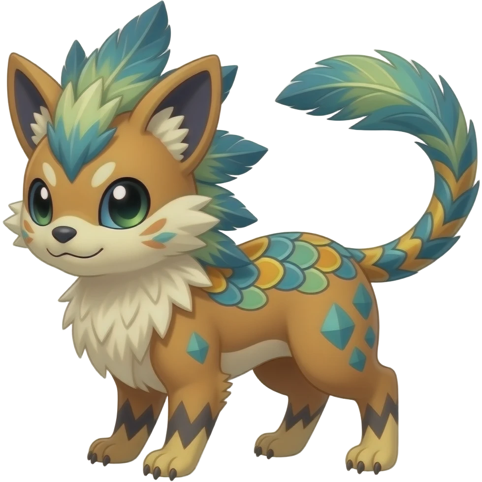 Tribal-patterned aboriginal majestic feathery elegant realistic stylish Furry, fluffy feathery tropical painted scaly, colorful Litten-Minccino-Bambino-Linoone-Zangoose-fusion-hybrid-animal-Fakémon-creature, full body, thin long sleek tufted tail, intricate markings emoji