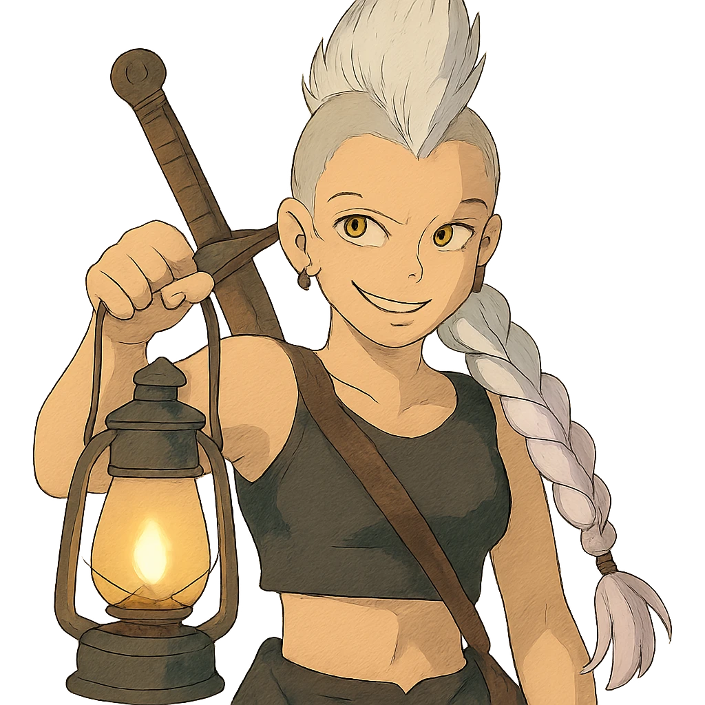 A sword maiden, mohawk, long braid white hair with lavender tips, gold yellow eyes, black crop top, brandishing a lantern. Mischievous smirk emoji