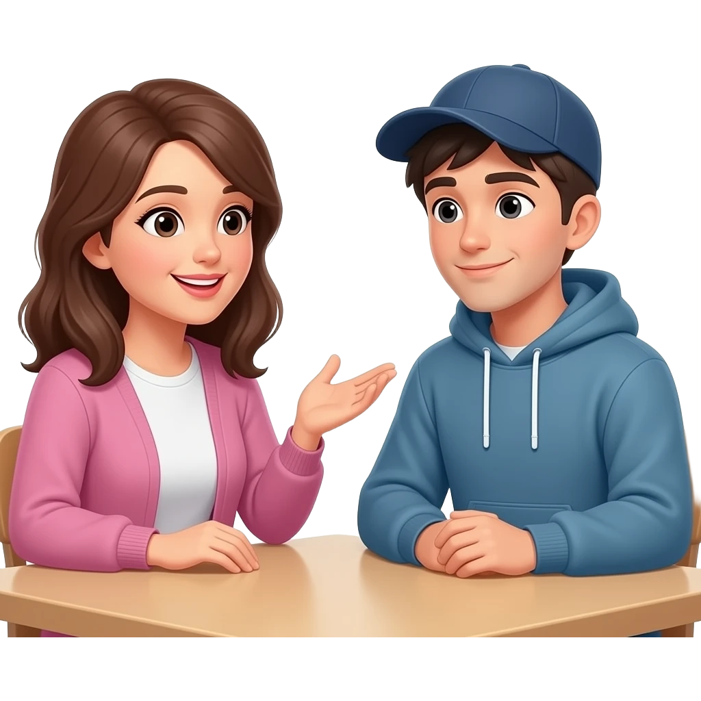 Adult woman brown hair talking to adult man dark hair, sitting at a table next to a teenager wearing a cap and a large sweatshirt emoji