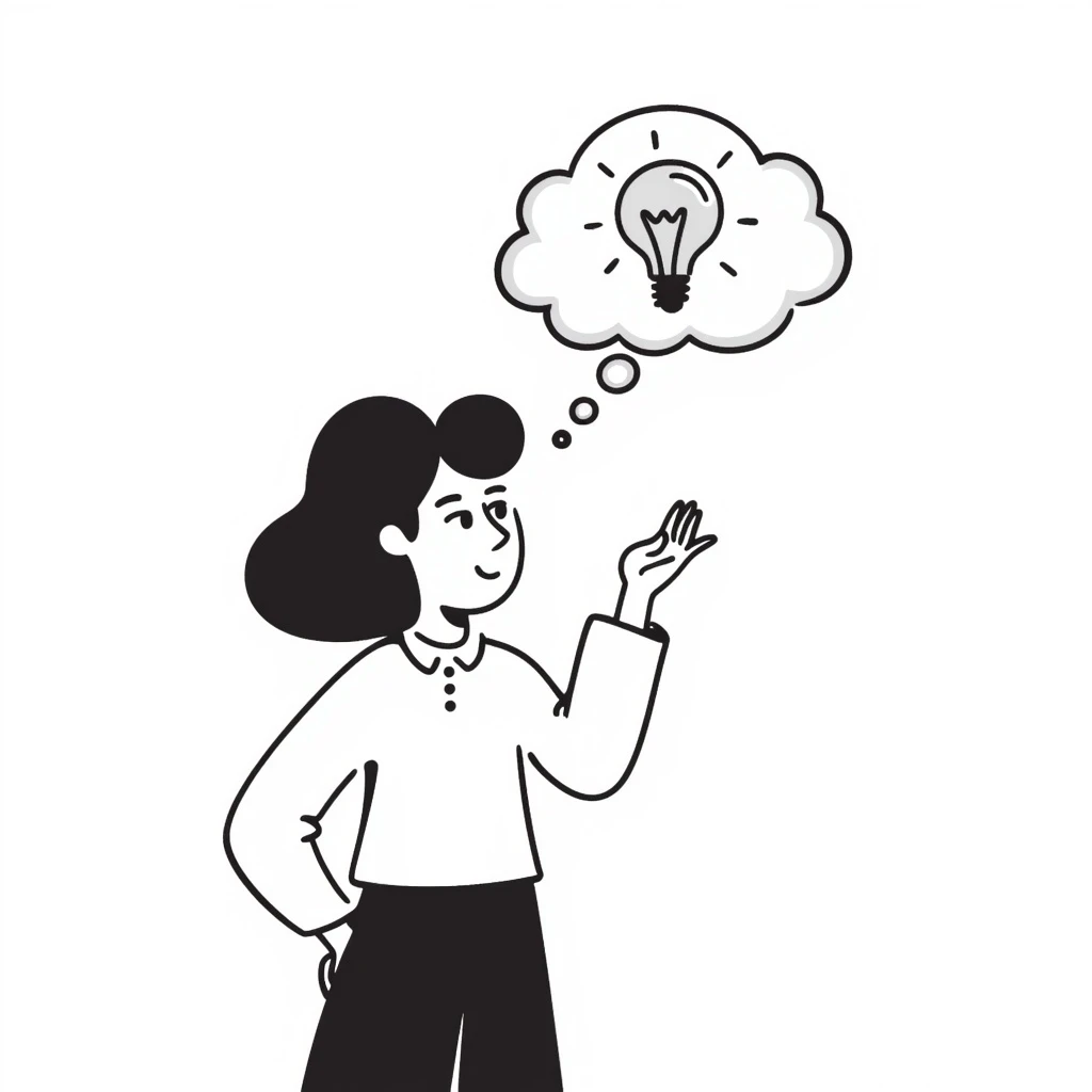Make the stick figure a woman, thinking or getting an idea with a light bulb, keep the same hand drawn doodle style. emoji