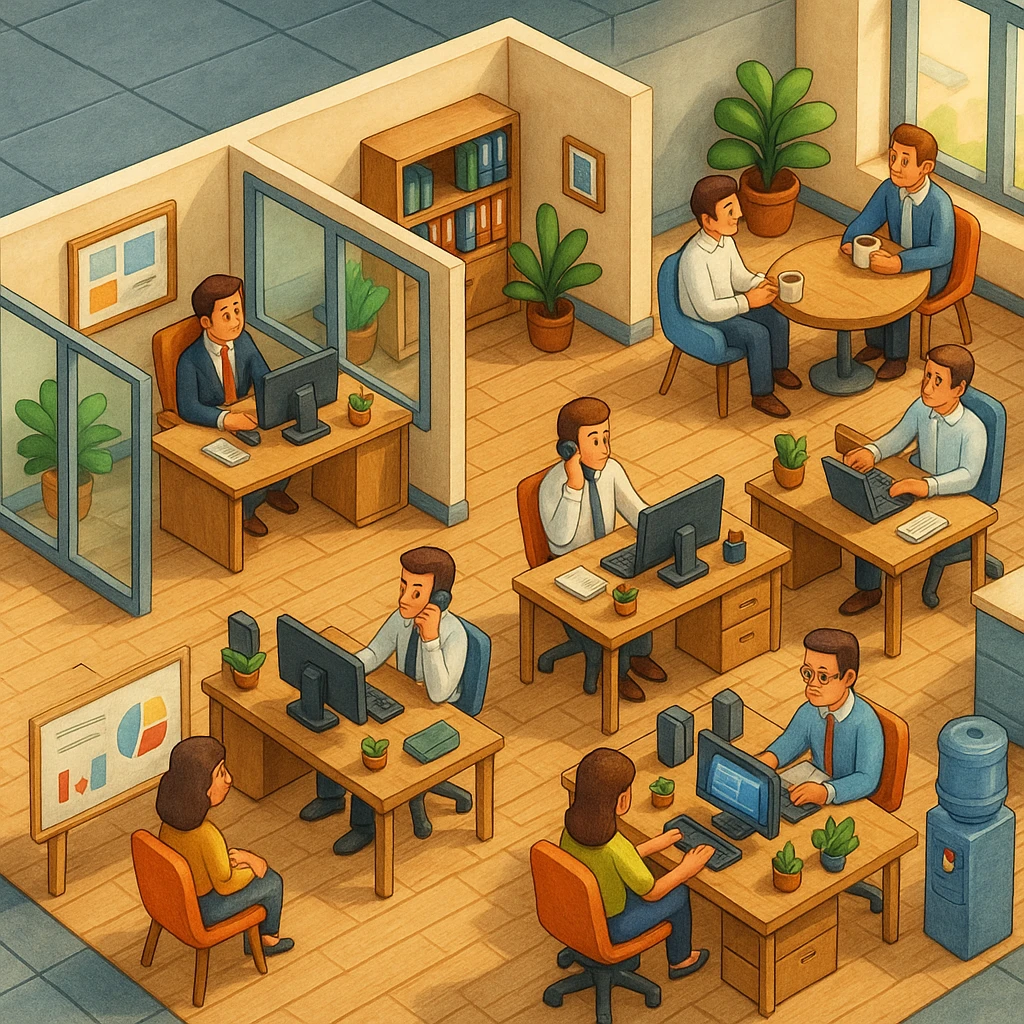 В слегка рисованном, но при этом ярком и объемном стиле - четкую, изометрическую 3D-сцену в мультяшном стиле с видом сверху под углом 45°, изображающую офис кабинетами, open space и другими характерными местами. В офисе работают люди - кто-то говорит по телефону, работает за компьютером, другие пьют кофе, сидят на общем собрании, переговори. Используйте мягкие, изысканные текстуры с реалистичными PBR-материалами и мягким, реалистичным освещением и тенями, не обрезать картинку краями кадра emoji