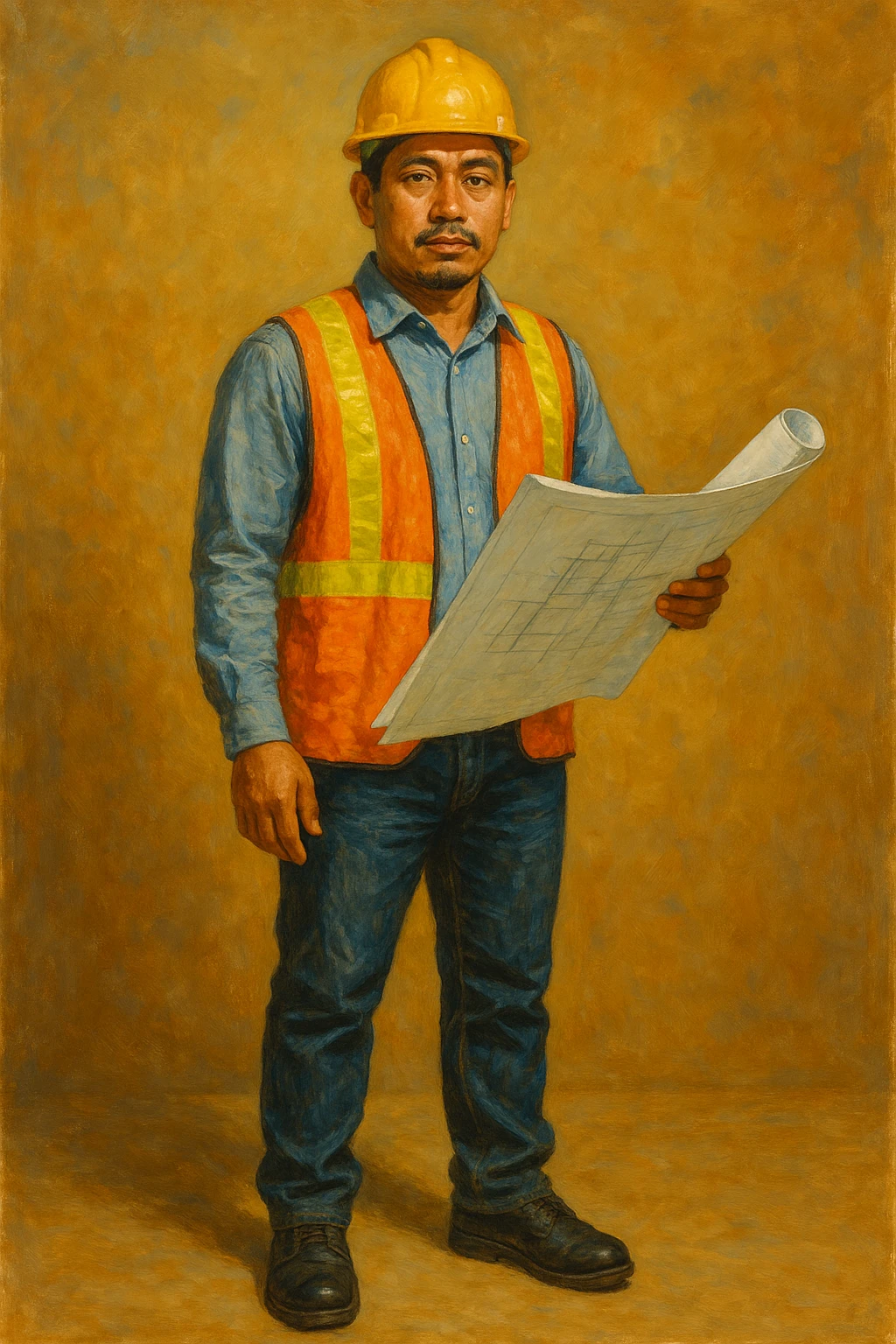 Сгенерируй мне в стиле реалистичной, яркой живописи инженера с чертежом внешности индонезиата, азиата. На однородном фоне. В полный рост emoji