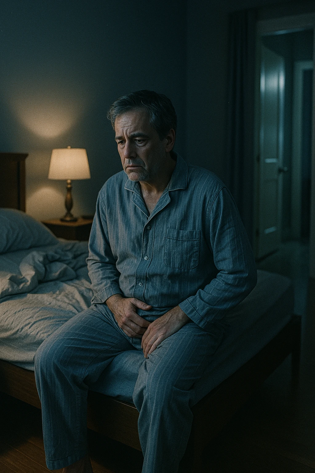 A nighttime scene inside a dimly lit bedroom. A man in his 50s sits stanco sul bordo del letto, con lo sguardo perso nel vuoto, mentre una luce fioca proviene dalla lampada sul comodino. Indossa un pigiama spiegazzato, e si tiene leggermente la zona bassa dell’addome. Dietro di lui, il letto è visibilmente disfatto, segno di sonno interrotto. Una porta socchiusa sullo sfondo mostra la luce accesa in bagno, con il pavimento riflettente che indica i numerosi passaggi notturni. Il tono è cupo ma realistico, con colori freddi, blu e grigi, e un leggero bagliore lunare che filtra dalla finestra. Stile: 35mm film, profondità emotiva, dettaglio ambientale. in italiano emoji