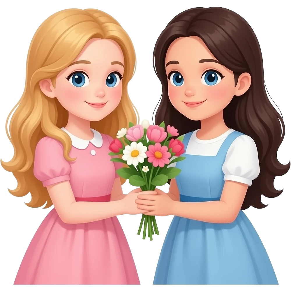 Litlle fair haired girl giving little girlfriend with dark hair flowers both with long hair and dresses emoji