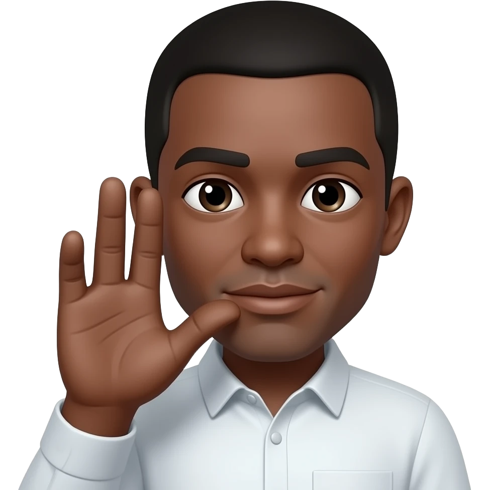 A black serious face with the first and second finger held up to the right ear and the tumb held on the lips like a phone emoji