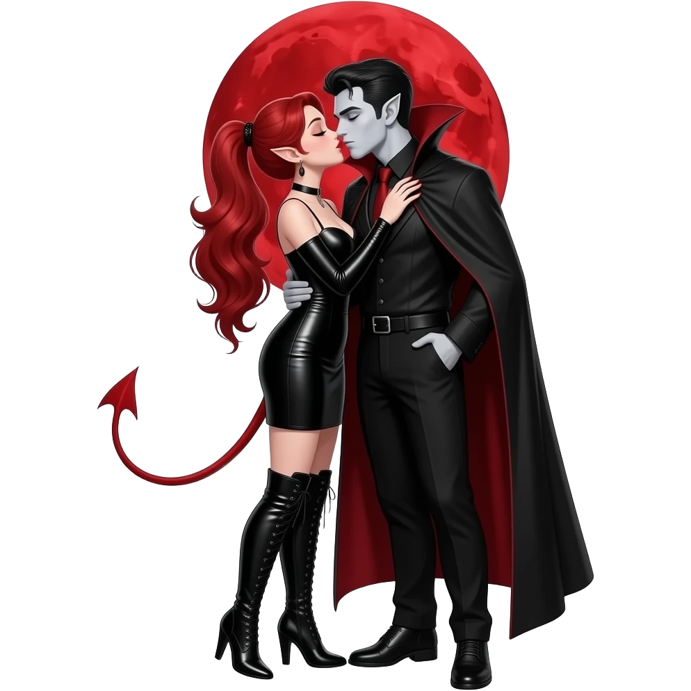 Vampiro femmina adolescente con pelle bianca e capelli rosso ondulati lunghi raccolti in una mezza coda che indossa un vestito stretto in vita e LUNGO fino ai piedi sotto con maniche lunghe nero e stivali lunghi con tacco neriche sta baciando il suo ragazzo VAMPIRO dietro la luna rossa emoji